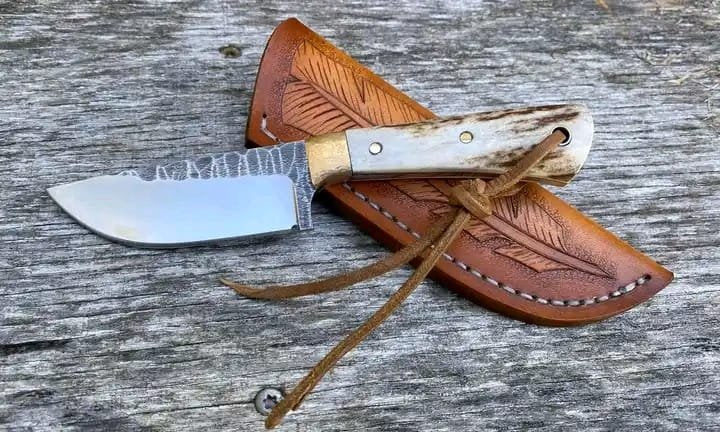 Best Cowboy knife with stag antler handle and unique leather sheath image 0