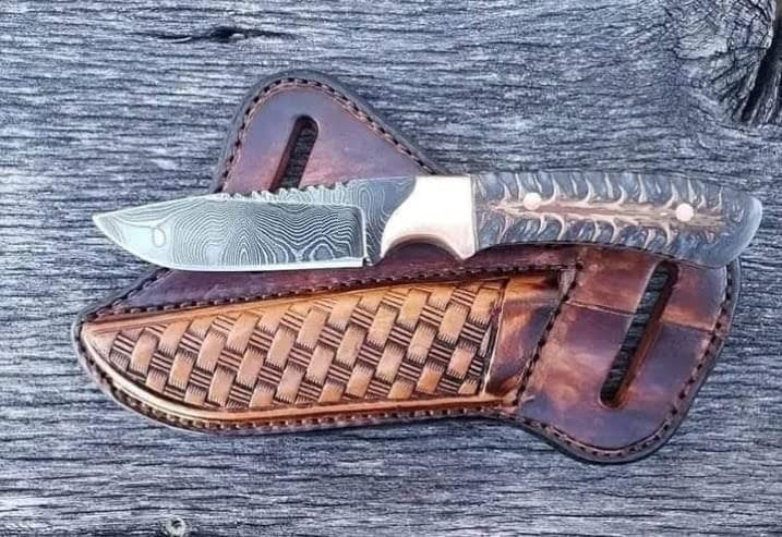 Damascus Cowboy Knife With Leather Sheath & Pine Cone Handle image 0