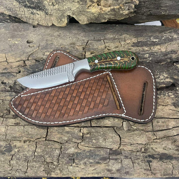 Fixed blade rasp Cowboy knife with pancake leather sheath and green pine cone handle image 0