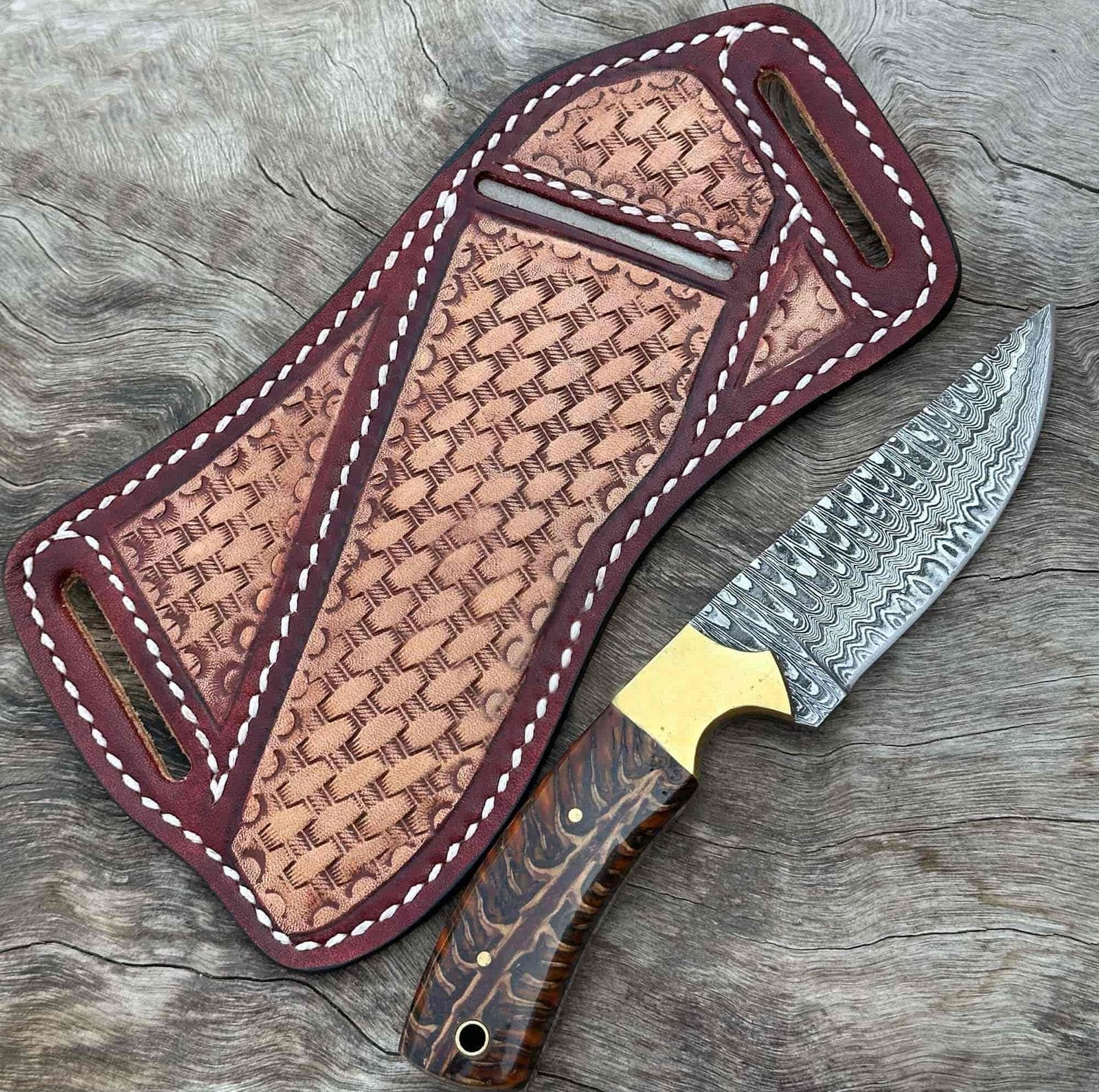 Damascus Steel Fixed Blade Cowboy Knife With Pancake Sheath image 2