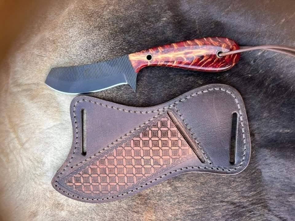 Cowboy Horse rasp knife - Red pinecone handle and pancake belt carry sheath image 0