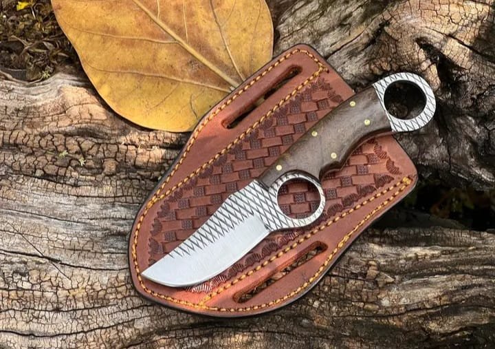 Rasp steel handmade finger hole cowboy knife with walnut wood handle and leather sheath image 0