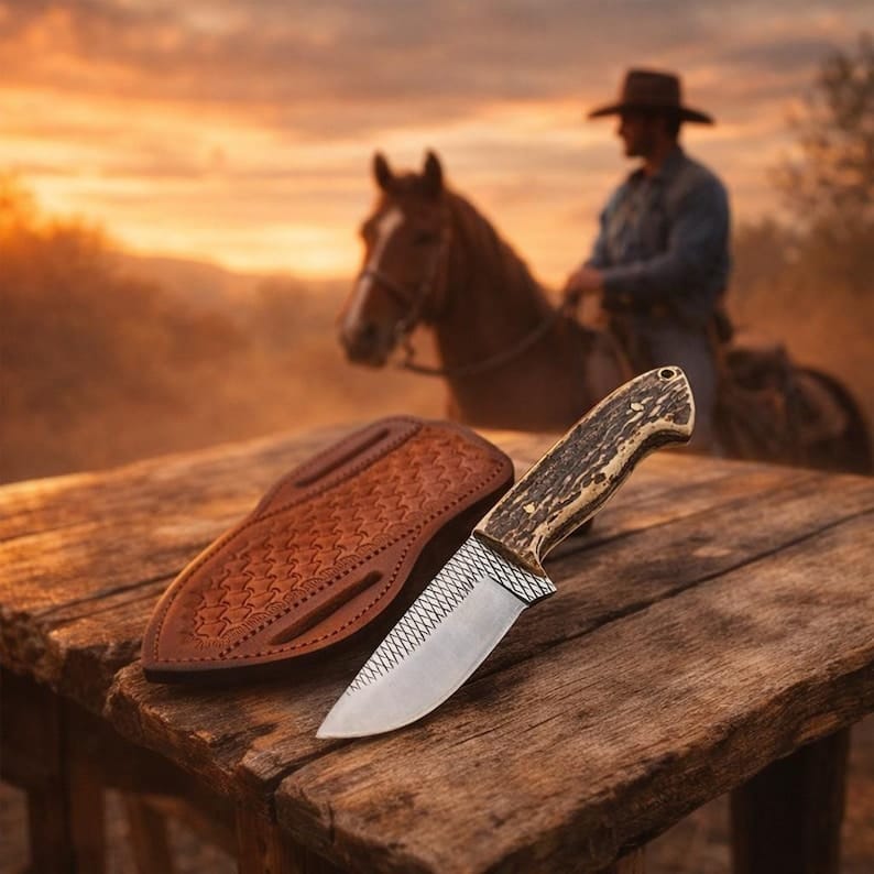Farrier rasp handmade Cowboy knife with antler handle and cross draw leather sheath
