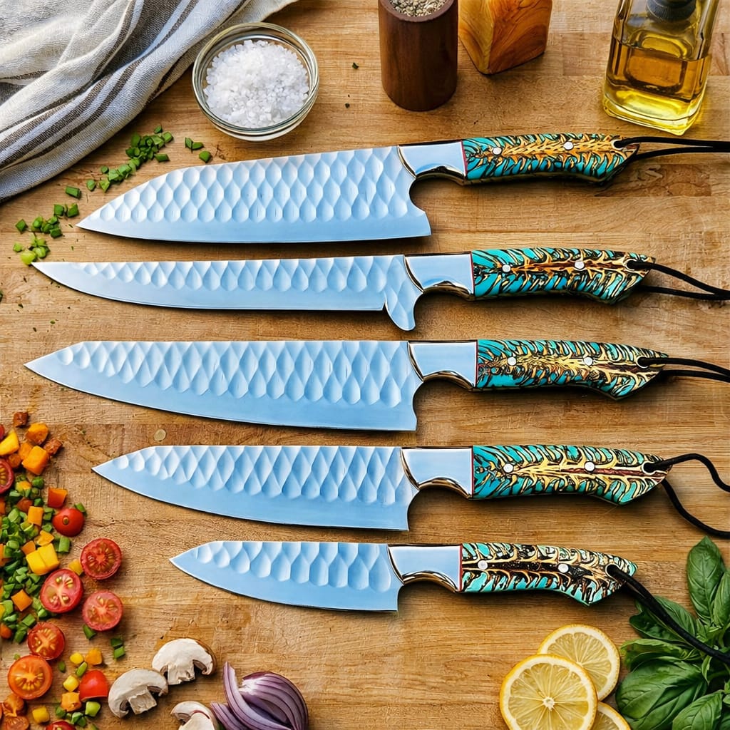 5 PCS D2 Steel Kitchen Knife Set with Leather Roll Bag – Handmade Chef Knife Set with Pinecone Handles