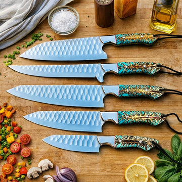 5 PCS D2 Steel Kitchen Knife Set with Leather Roll Bag – Handmade Chef Knife Set with Pinecone Handles