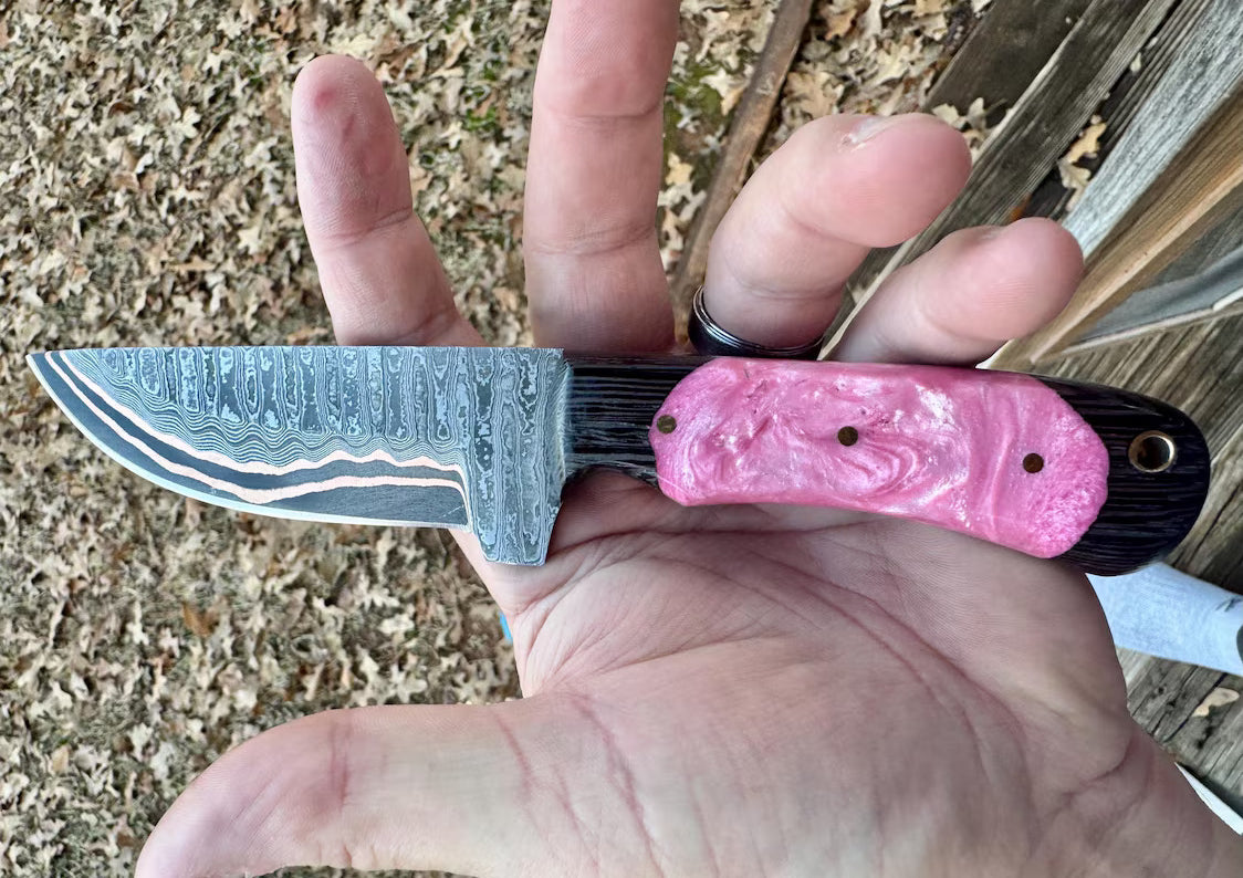 Copper Damascus steel Cowboy Knife with Handmade Pancake leather sheath