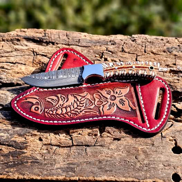 Damascus steel Cowboy knife with leather sheath - White pinecone handle