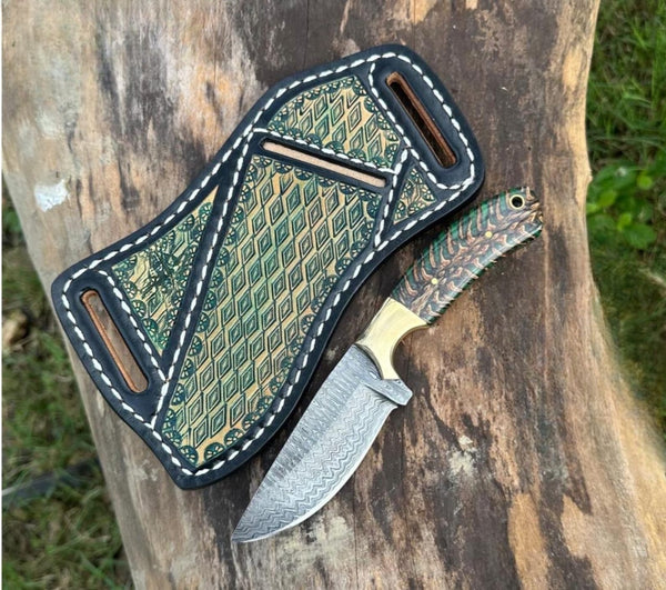 handmade Damascus steel cowboy-knife-skinner: western leather sheath
