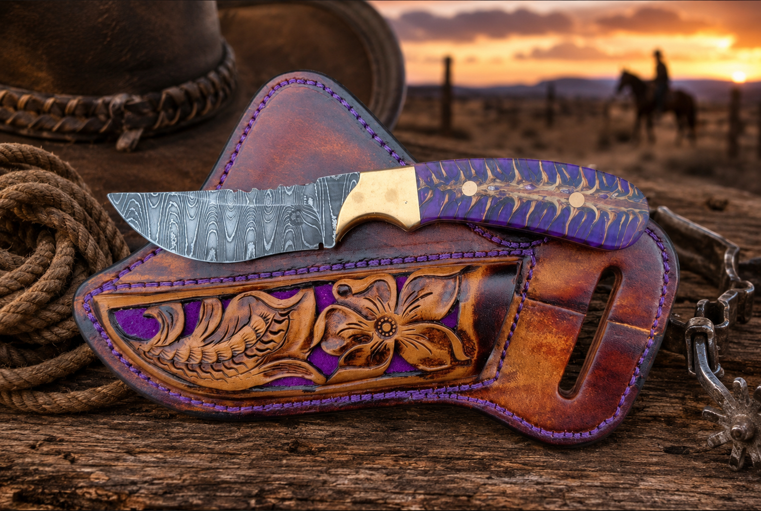 Damascus steel Cowboy knife - purple pincone handle and tooled leather holster