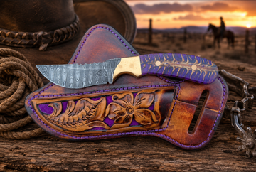 Damascus steel Cowboy knife - purple pincone handle and tooled leather holster
