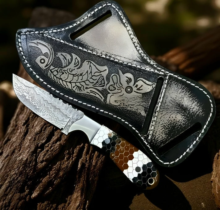 Damascus steel handmade Cowboy knife with honeycomb handle and tooled leather sheath