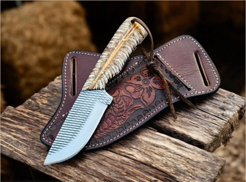 Handmade Rasp steel cowboy knife with horizontal carry leather sheath - pinecone handle