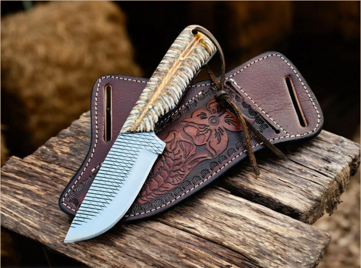 Handmade Rasp steel cowboy knife with horizontal carry leather sheath - pinecone handle