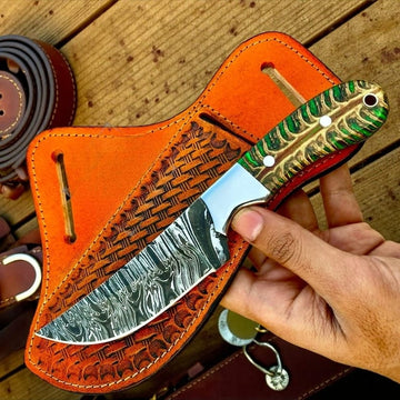 Damascus steel forged hunting knife for cowboy and cowgirls - Green pinecone handle and belt carry leather sheath