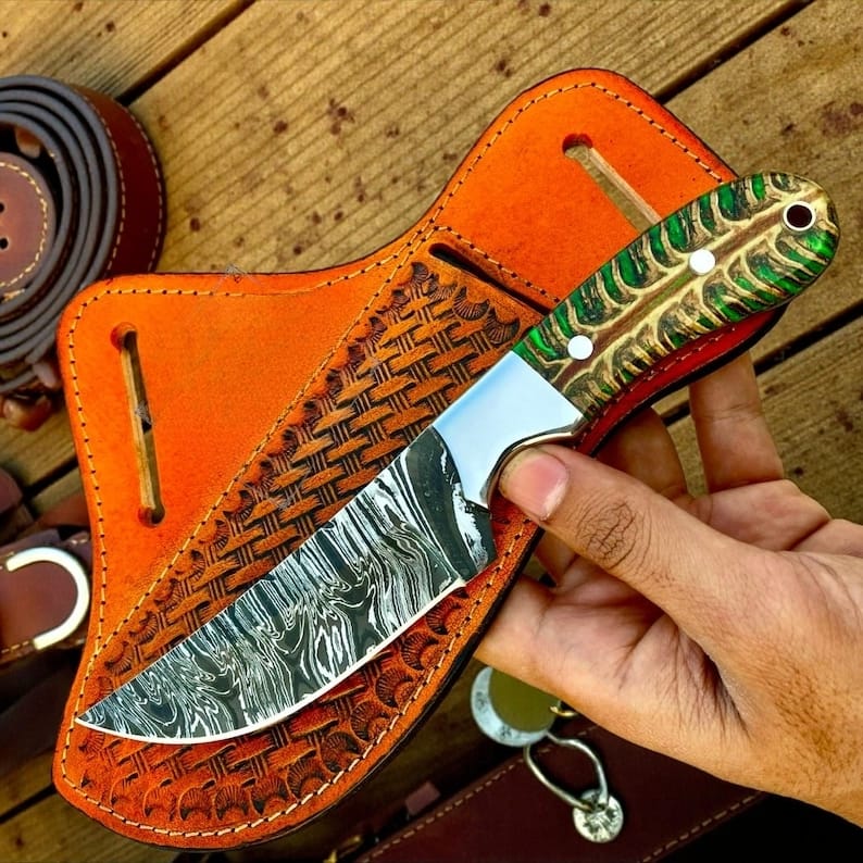 Damascus steel forged hunting knife for cowboy and cowgirls - Green pinecone handle and belt carry leather sheath