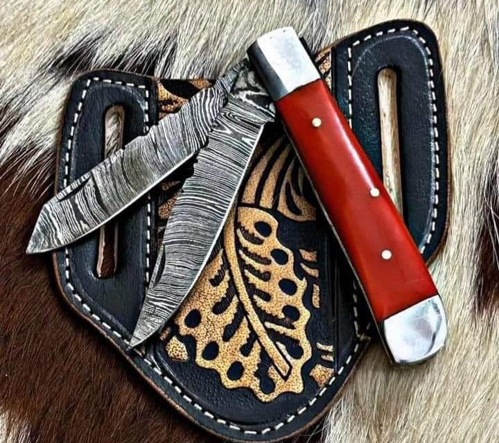 Hand-Forged Damascus Trapper Knife with Red Camel Bone Handle - Premium Quality Folding Knife