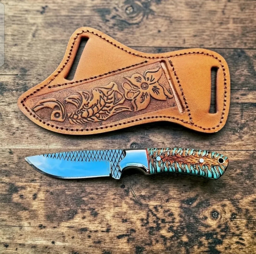 Handmade rasp steel ranch knife with sheath - Turquoise pinecone handle