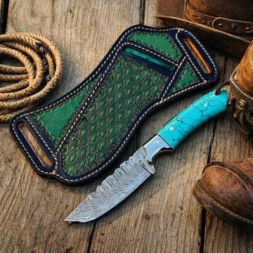 Handmade Damascus Steel Cowboy Knife with Turquoise Handle – Western Fixed Blade Knife with Horizontal Carry Leather Sheath