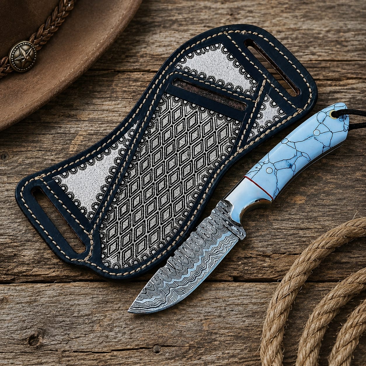 Damascus Steel Western Cowboy Knife – Turquoise White Natural Stone Handle with Handmade Leather Sheath