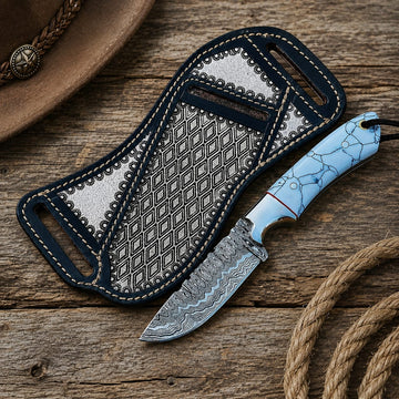 Damascus Steel Western Cowboy Knife – Turquoise White Natural Stone Handle with Handmade Leather Sheath