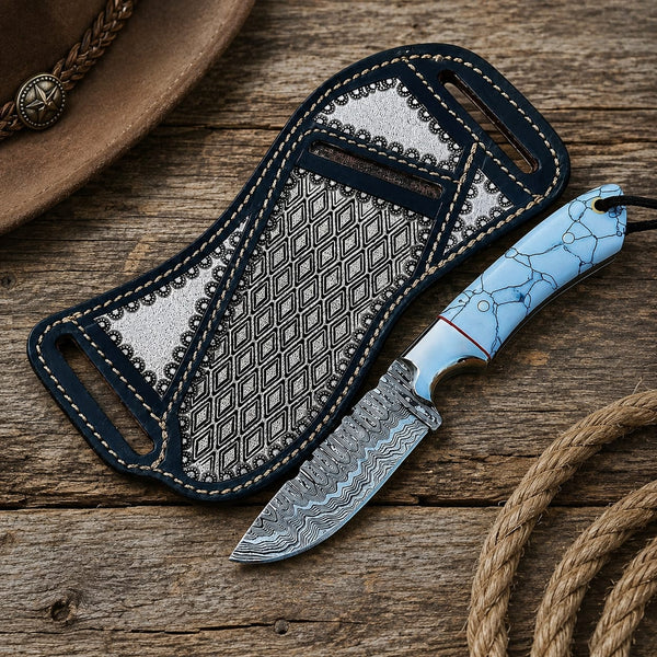 Damascus Steel Western Cowboy Knife – Turquoise White Natural Stone Handle with Handmade Leather Sheath