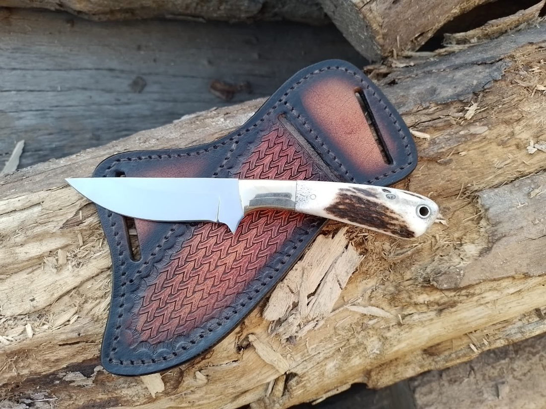 D2 handmade Cowboy knufe with antler handle and slanted carry sheath image 0
