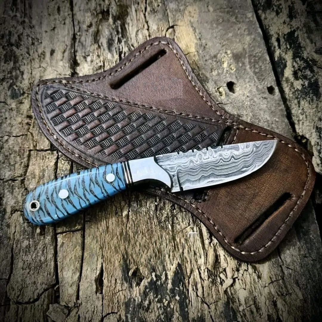 8-inch Cowboy knife with leather holder and blue pine cone sheath image 0