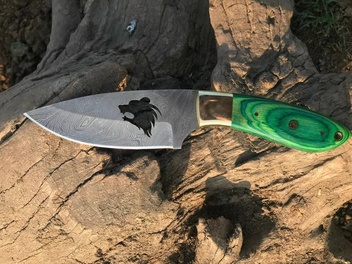 Western Cowboy knife Damascus steel blade with pancake leather sheath image 0