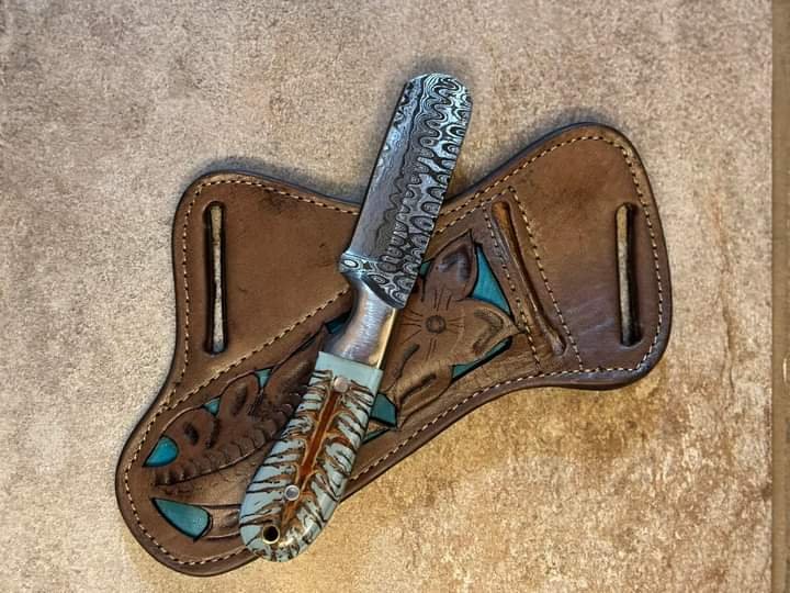 Damascus bull cutter knife with pine cone handle and pancake sheath image 0