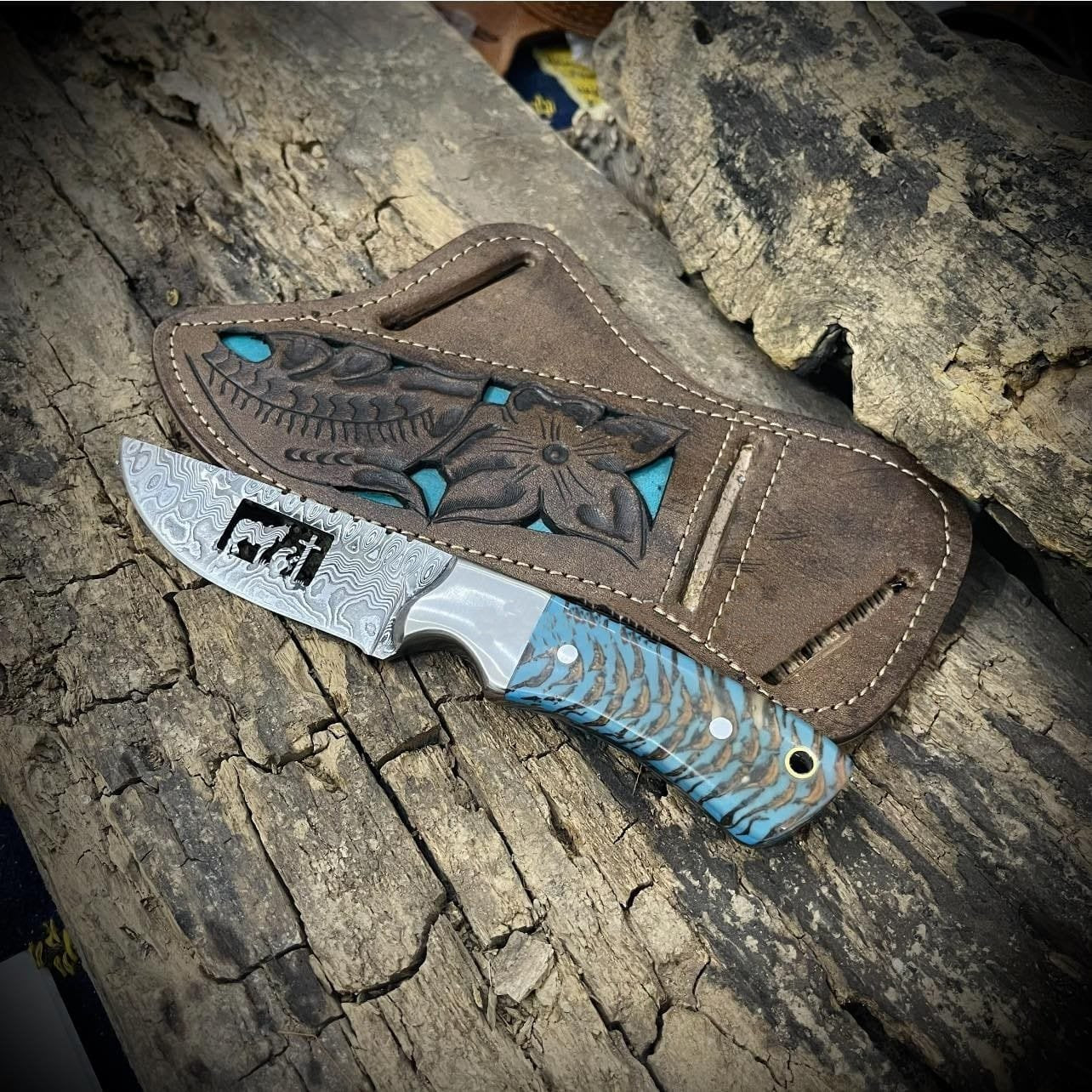 Old Western hunting knife with tooled leather sheath gorgeous pinecone handle image 0