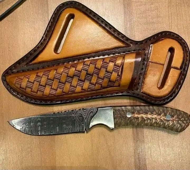 Fixed blade Cowboy hunting knife with pancake leather sheath and pine cone handle image 0