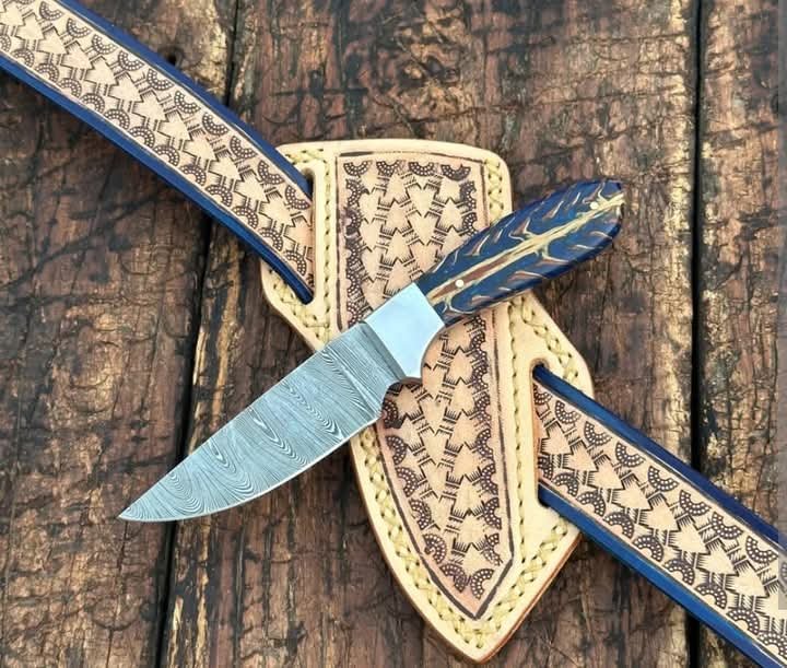 8" Damascus Cowboy skinner knife with hand tooled leather sheath image 0