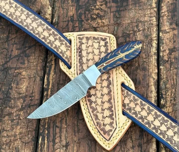 8" Damascus Cowboy skinner knife with hand tooled leather sheath image 0
