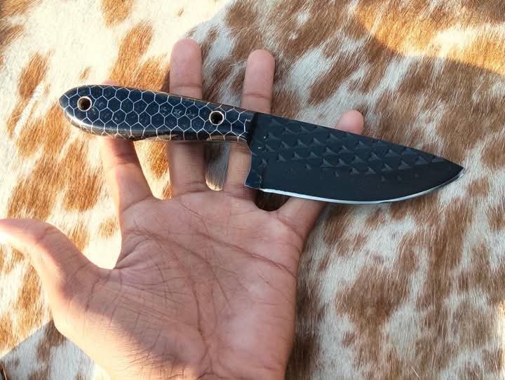 Cowboy knife with horizontal carry sheath Black rasp blade and black honeycomb handle image 0