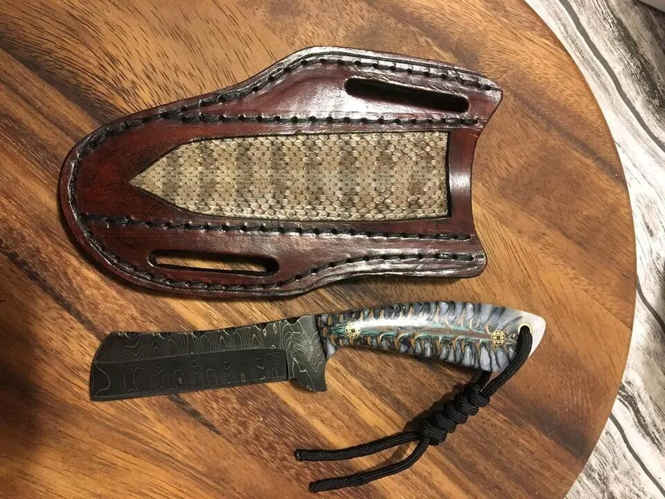 Handmade Damascus Cowboy Bull Cutter Knife With Pine Cone Handle And Pancake Sheath image 0