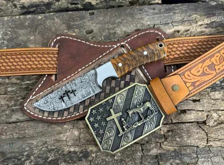 Fixed blade Cowboy knife with yellow pine cone handle and pancake geniune leather cover image 0