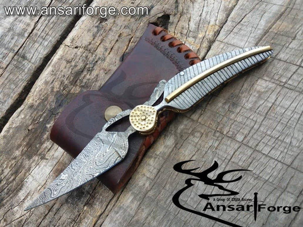 Damascus steel handmade folding knife with sheath