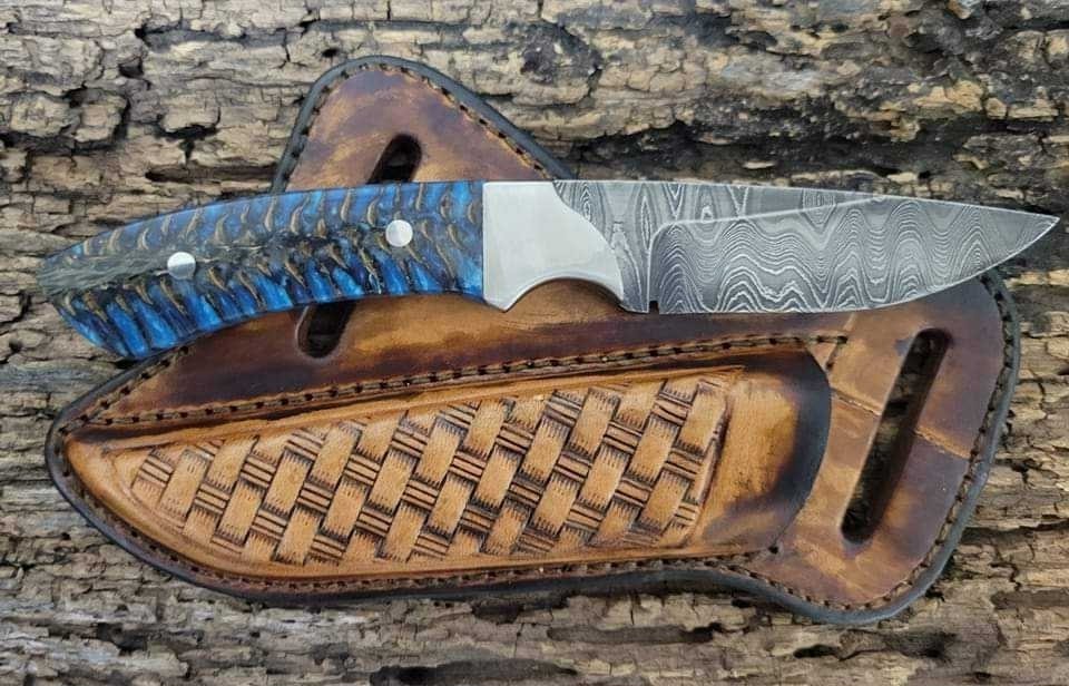 Forged Damascus steel Cowboy skinner for sale blue Pinecone handle and customized leather sheath image 0