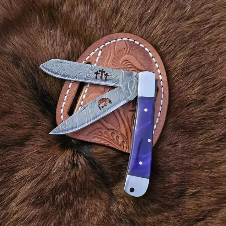 Damascus steel double blade trapper knife multinlade eDC folding knife image 0