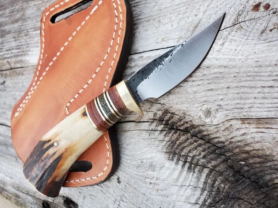 High carbon 1095 Cowboy hunter with stag antler handle and pancake leather sheath image 2