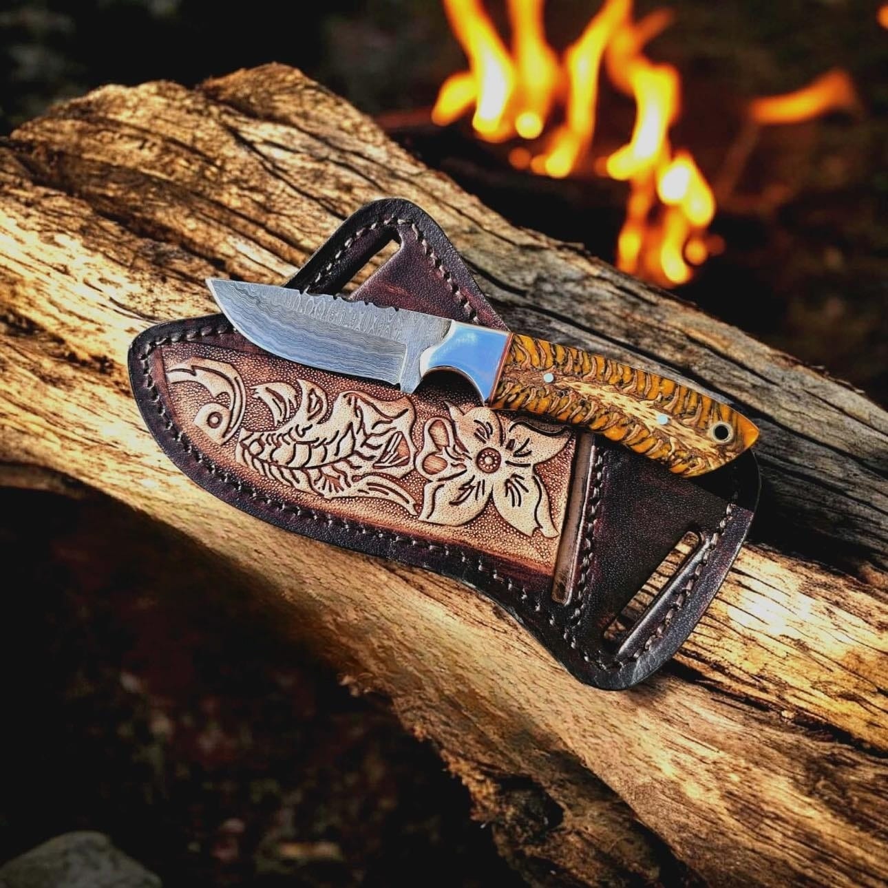 Damascus steel handmade Cowboy knife with handcrafted tooled leather sheath