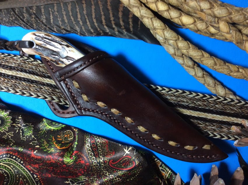 Cowboy Knife With Leather Sheath Custom Damascus Stag Antler Handle image 1