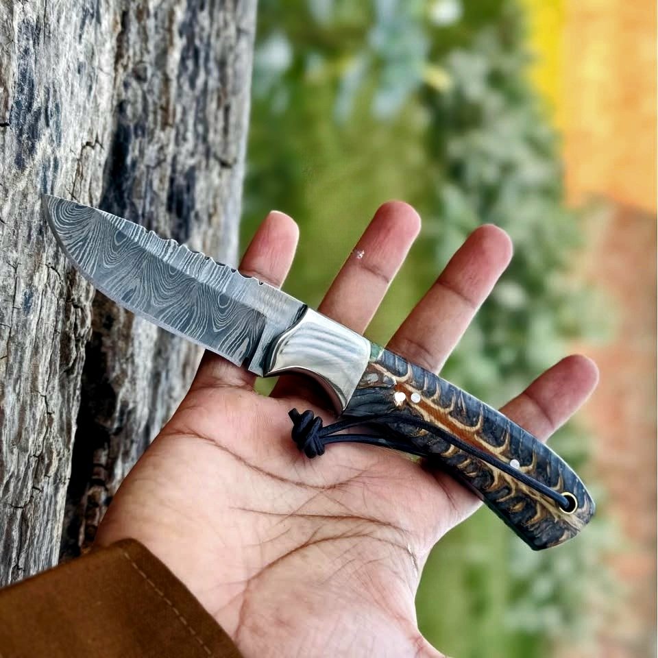 Damascus steel Best rancher knife for sale - steel bolsters and pinecone handle image 0