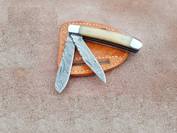 Bone handle Damascus trapper knife double blade folding pocket knife EDC image 0