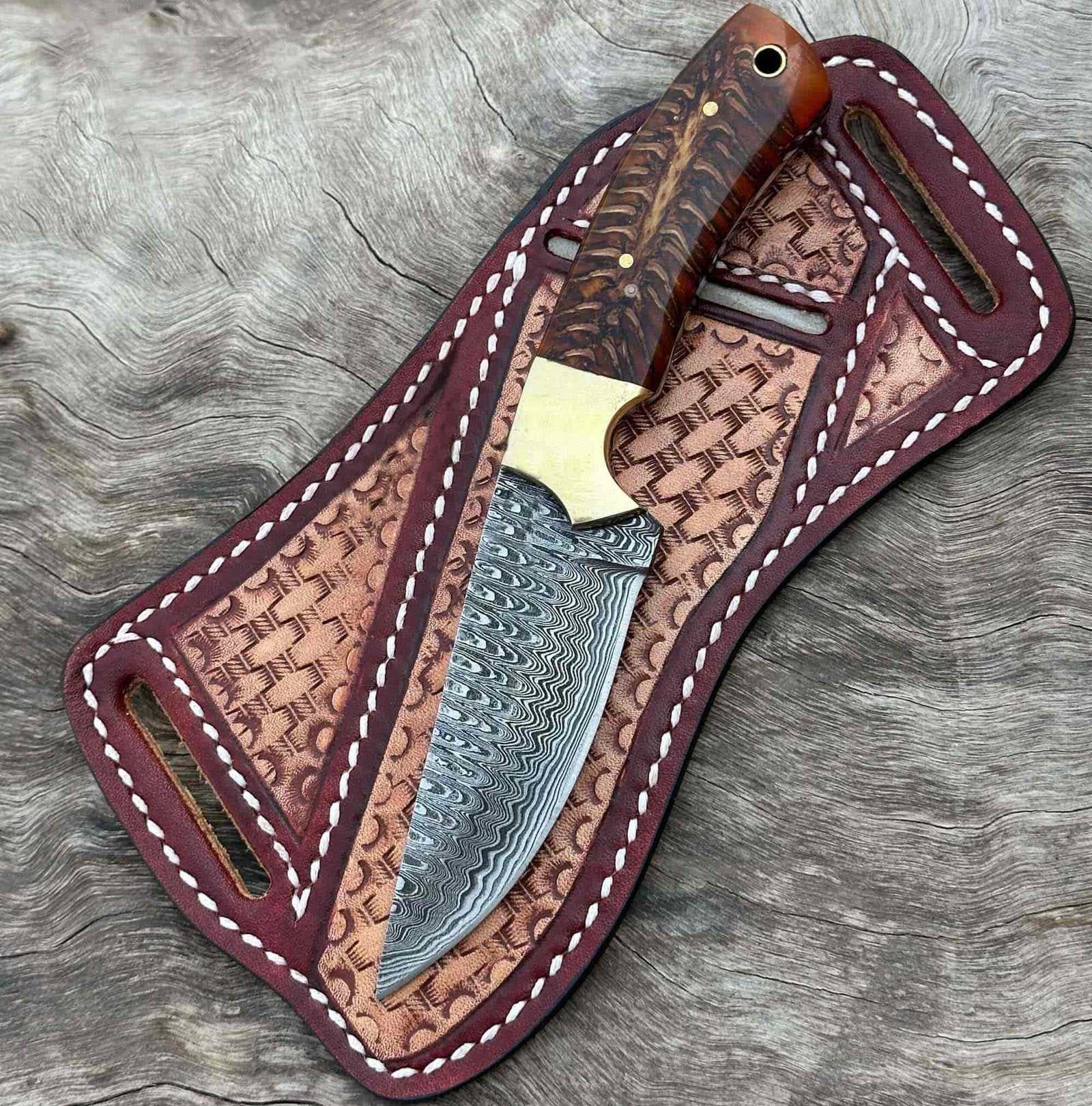 Damascus Steel Fixed Blade Cowboy Knife With Pancake Sheath image 1