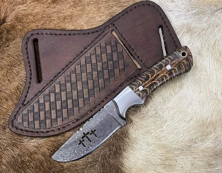 Damascus Cowboy hunting knife with pine cone handle and pancake custom sheath image 0