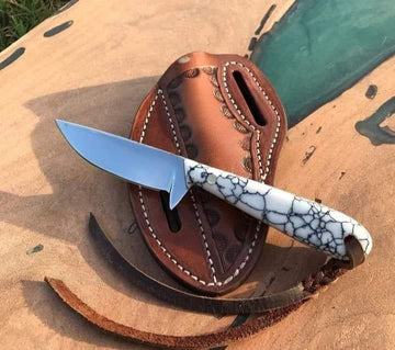 Handmade Cross Draw Cowboy Knife With D2 Blade White Gemstone Handle And Leather Sheath image 0
