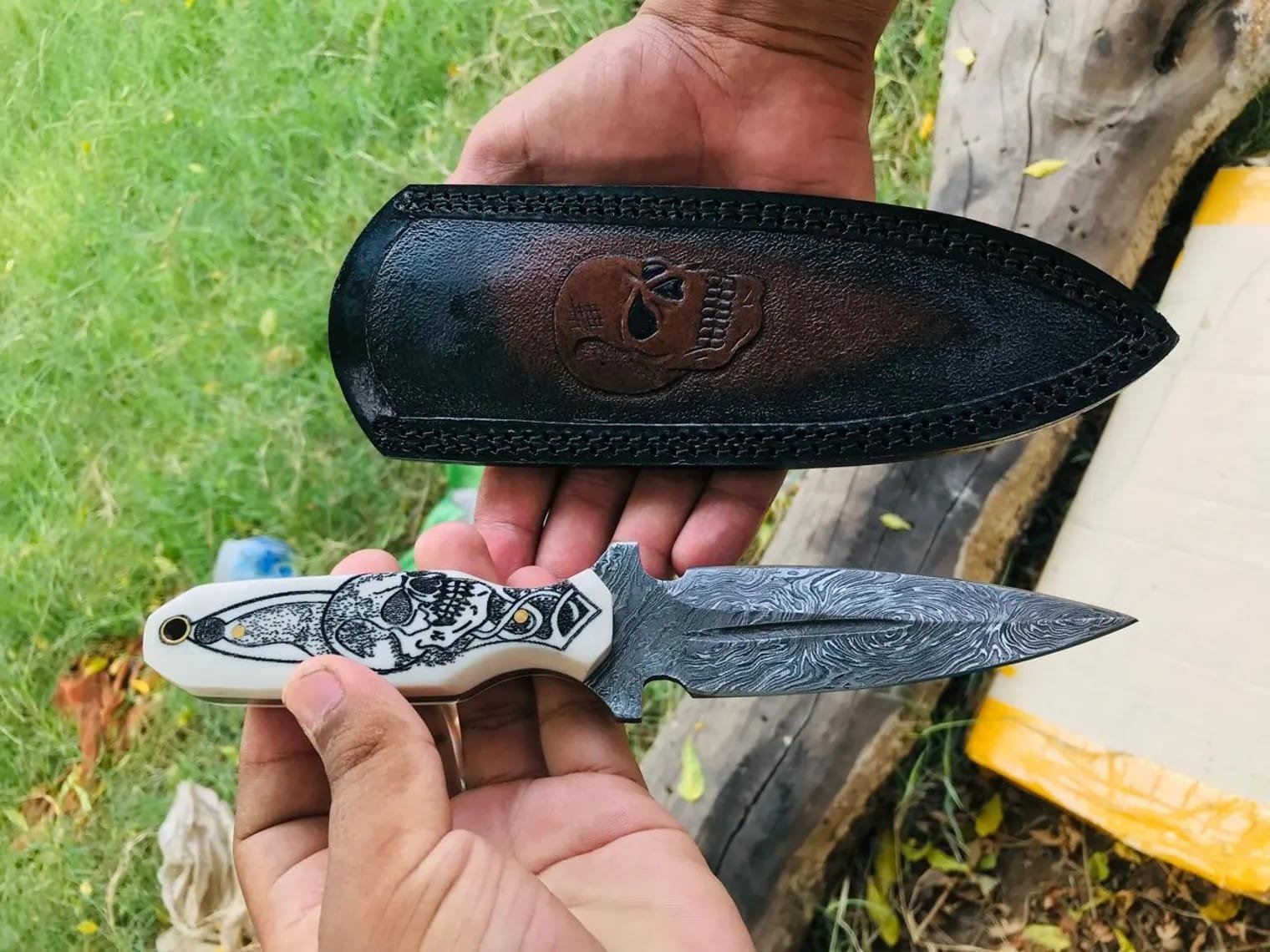 Cowboy Boot Knife and Sheath – Damascus Steel Blade with Engraved Bone Handle & Tooled Leather Sheath | Western Hidden Carry Knife image 0