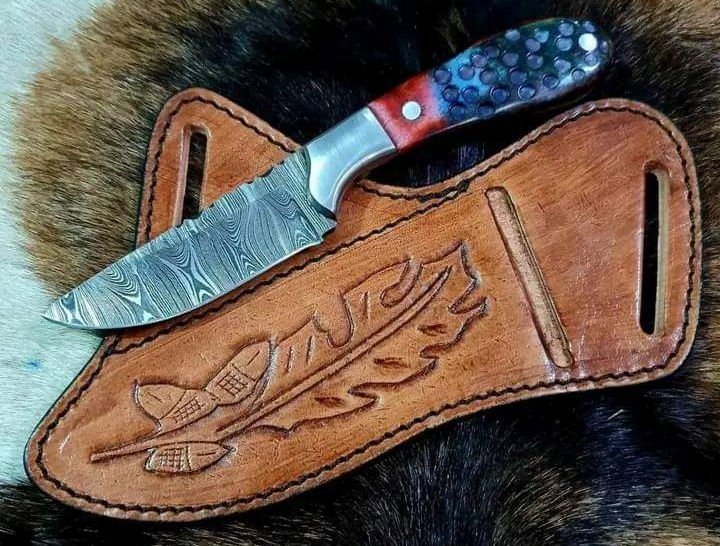 Damascus Cowboy Knife With Leather Sheath image 0