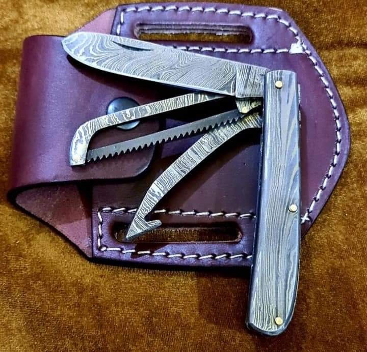 Multi blade Cowboy trapper knife triple blade Damascus steel pocket knife EDC for Cowboys with leather sheath image 0